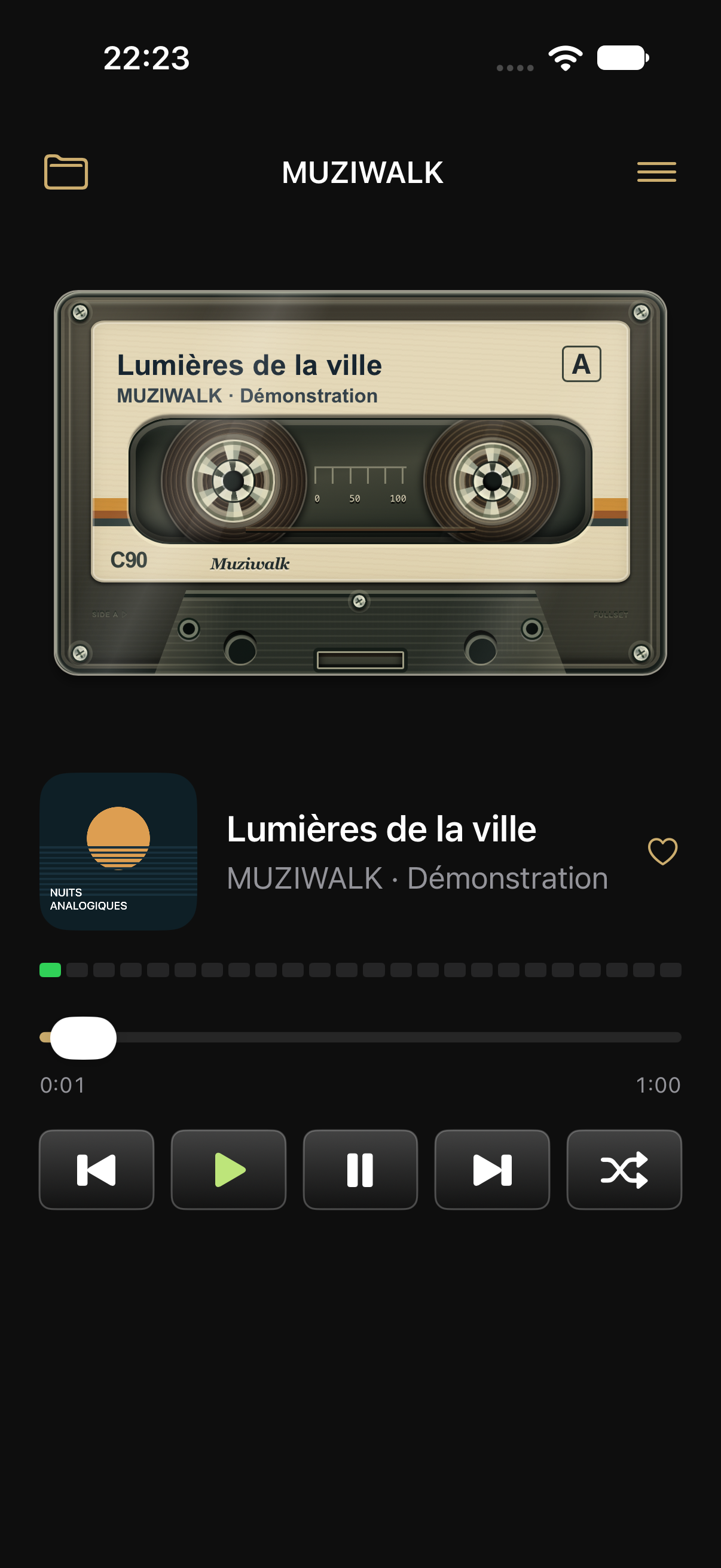 MUZIWALK : cassette C90 et ses deux bobines, capturée dans l’application